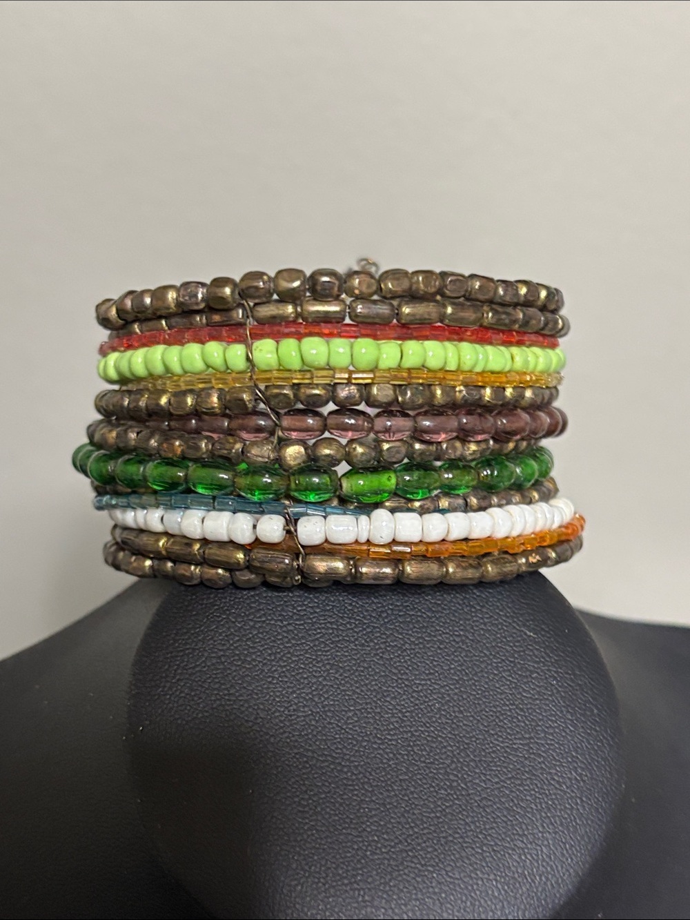 Multicolor Beaded Coil Bracelet Stack - Green, White, Lime, Orange Accents Boho